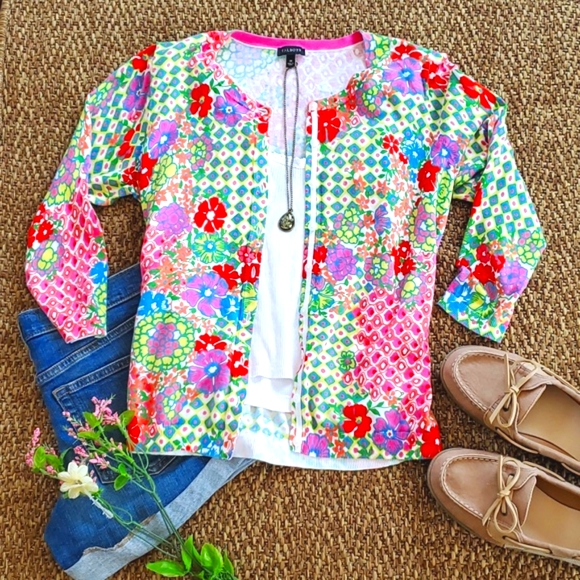 Talbots Sweaters - Talbots Cardigan Medium Preppy Fun Retro Floral Groovy Print Pink Blue Orange